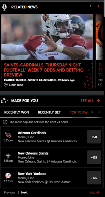 888 SI Sportsbook: SISB News and Made For You widget